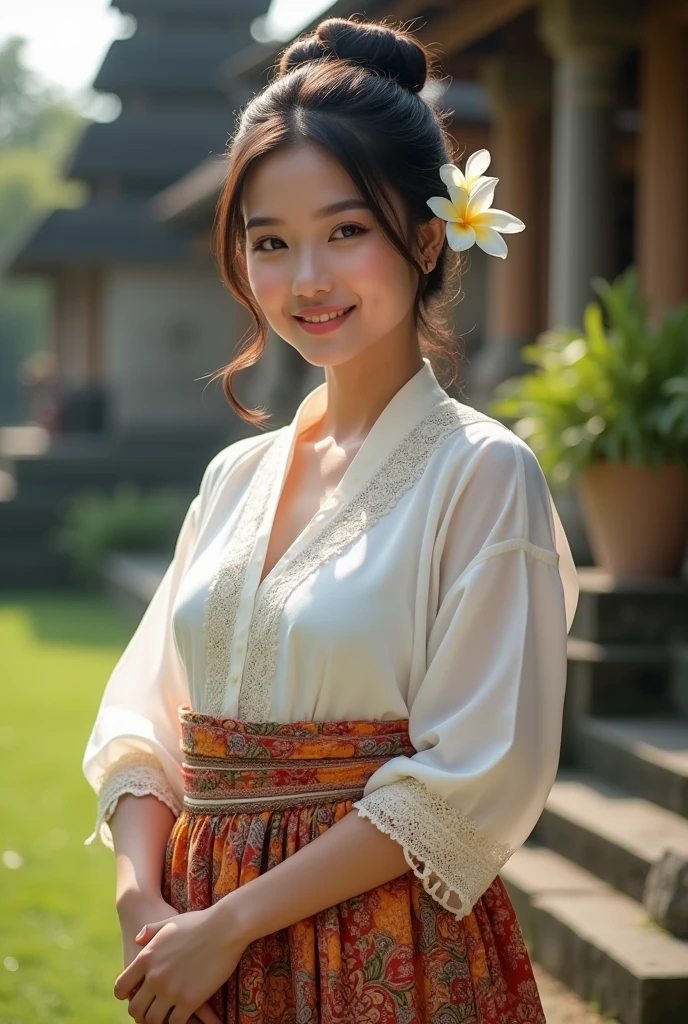 （hyperrealistic photo),(A high resolution), (ultra - detailed), beautiful indonesian woman, chubby, a jasmine flower on her ear, tied bun hair, sheer white kebaya with inticrate details, knee-lenght batik sarong with intricate floral details, looking at the viewer, natural light, wide angle full-body shot, bali temple in the background,