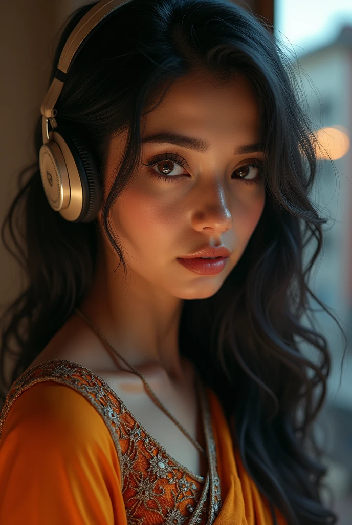 beautiful detailed eyes, beautiful detailed lips, extremely detailed eyes and face, longeyelashes, 1girl, a girl wearing a sari blouse, headphones on her ears, cigarette in her hand, detailed background, detailed clothing, detailed accessories, photorealistic, cinematic lighting, realistic colors, highly detailed, hyper realistic, masterpiece, stunning, dramatic, elegant