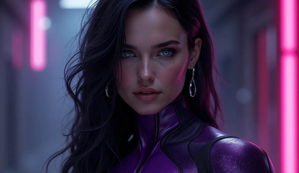 a white-skinned girl with black hair and white front strands,blue eyes,a black and purple costume,marvel comic book poster,spider-woman,detailed face,extremely detailed eyes and face,beautiful detailed lips,longeyelashes,cinematic lighting,dramatic pose,dynamic action,comic book art style,vibrant colors,high contrast,4k,best quality,ultra-detailed