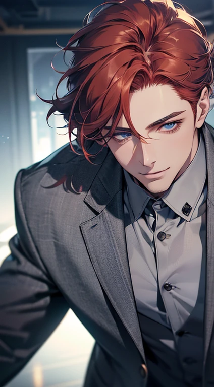 (best quality,8k,photorealistic,cinematic lighting,1:4 hdr image,top view,ultra detailed,masterpiece,beautiful image),(mature man),(very handsome),(short grey red hair),(grey blue eyes),(perfect face without errors),(buttoning his jacket,CEO),(smile in love)