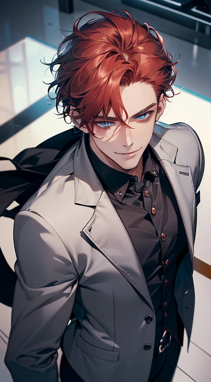 (best quality,8k,photorealistic,cinematic lighting,1:4 hdr image,top view,ultra detailed,masterpiece,beautiful image),(mature man),(very handsome),(short grey red hair),(grey blue eyes),(perfect face without errors),(buttoning his jacket,CEO),(smile in love)