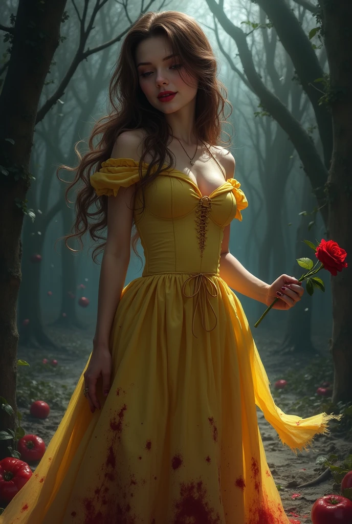 Beauty and the Beast,Princess Belle,Yandere,The skirt is torn,Tearing,looking down with a mischievous smile,Dark and spooky,yellow skirt,Brown hair,real,Holding a red rose in hand,Blood on the skirt