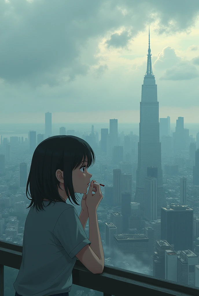 in anime style, Create an illustration, the background of the image is a large metropolis in a cloudy and melancholic climate with a girl smoking a cigarette with a sad expression, looking at the horizon thoughtfully.