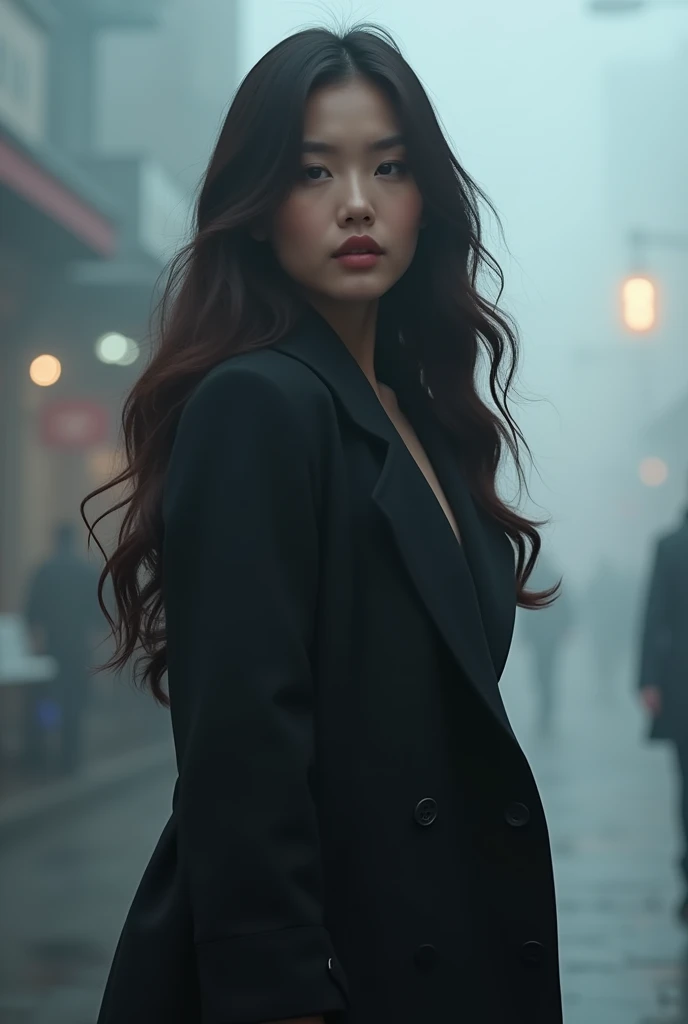 Close-up shot of beautiful korean female, 34 inch breasts size, wavy hair, wearing long coat, walking in the city, foggy atmosphere, UHD