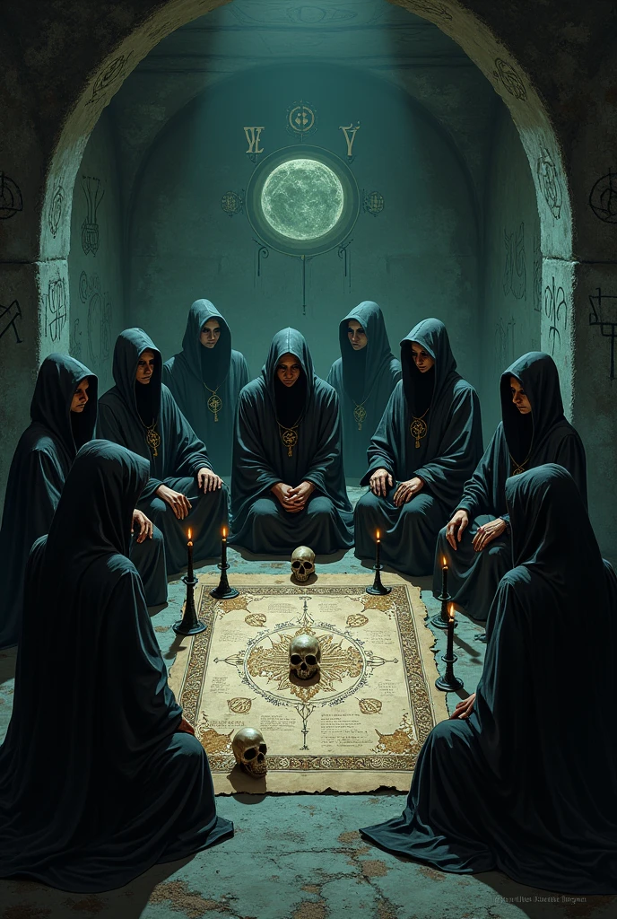 Imagine a dark and mysterious scene, located in the basement of an old abandoned building, lit only by the dim glow of candles. In the center of the room, a group of people gather in a tight circle. Dressed in black robes, some with hoods partially covering their faces, which adds an air of secrecy and tension.
The room is decorated with cryptic symbols drawn on the walls and floor, some of whom glow faintly in the candlelight. In the center of the circle, There is a makeshift altar made of stone, covered with ritual objects like skulls, black candles, and ancient books filled with arcane inscriptions.
The people in the circle are deeply focused, with serious expressions and determination in their eyes. They are discussing in hushed tones, whispering plans and strategies, as if they are orchestrating something secret and potentially dangerous. The atmosphere is charged with tension, and the feeling that they are planning something sinister is palpable.
As they speak, one of them lifts an ancient parchment and unfolds it on the altar, pointing to certain sections while the others nod in agreement. The shadows of the candles are cast upon the walls, creating disturbing figures that seem to move to the rhythm of inaudible whispers. In the background, distant sounds can be heard, as if others are arriving to join the meeting, heightening the feeling that something big and dark is about to be unleashed.