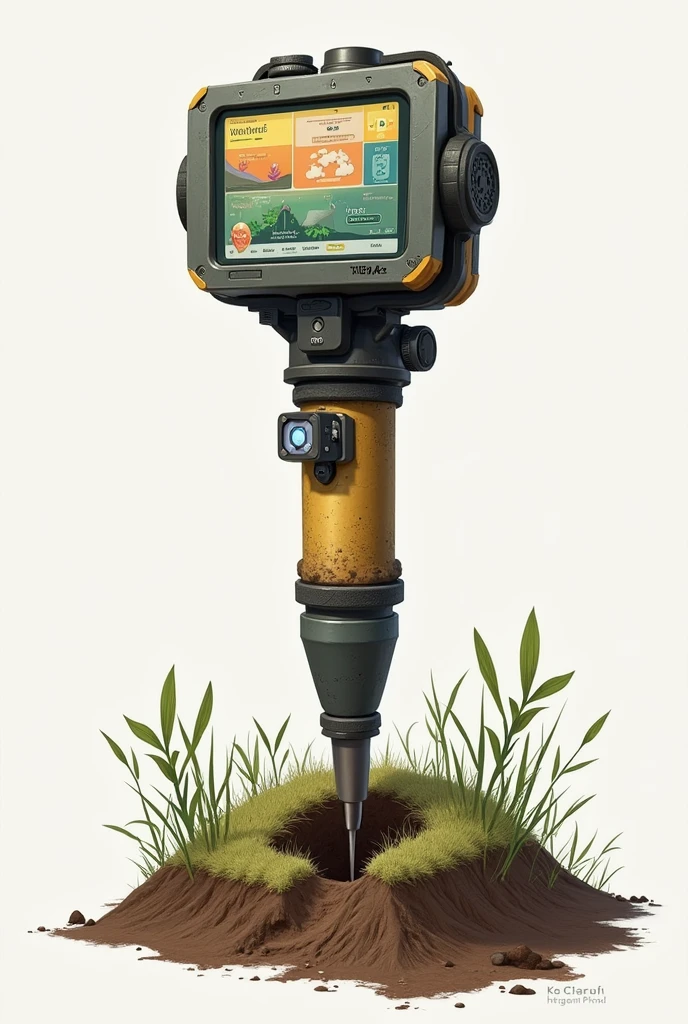 Can you generate a device from the area of soil mechanics, capable of identifying the different soil strata, class and moisture below the surface, the device must contain a tube that penetrates the earth and a system that shows all the data