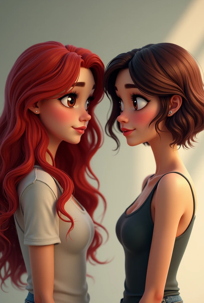 Sisters
Older sister, 29 years old, long red dyed hair with black roots; with waves and volume, round dark brown eyes, long and curly eyelashes, bushy eyebrows, thick, pink lips, WITH OVERWEIGHT.
Younger sister, 15 years old, short hair to the shoulders with waves; dyed red with black roots, big slanted eyes, long and curly eyelashes, thin and pale lips, White skin, slim.
Both sisters have similar features