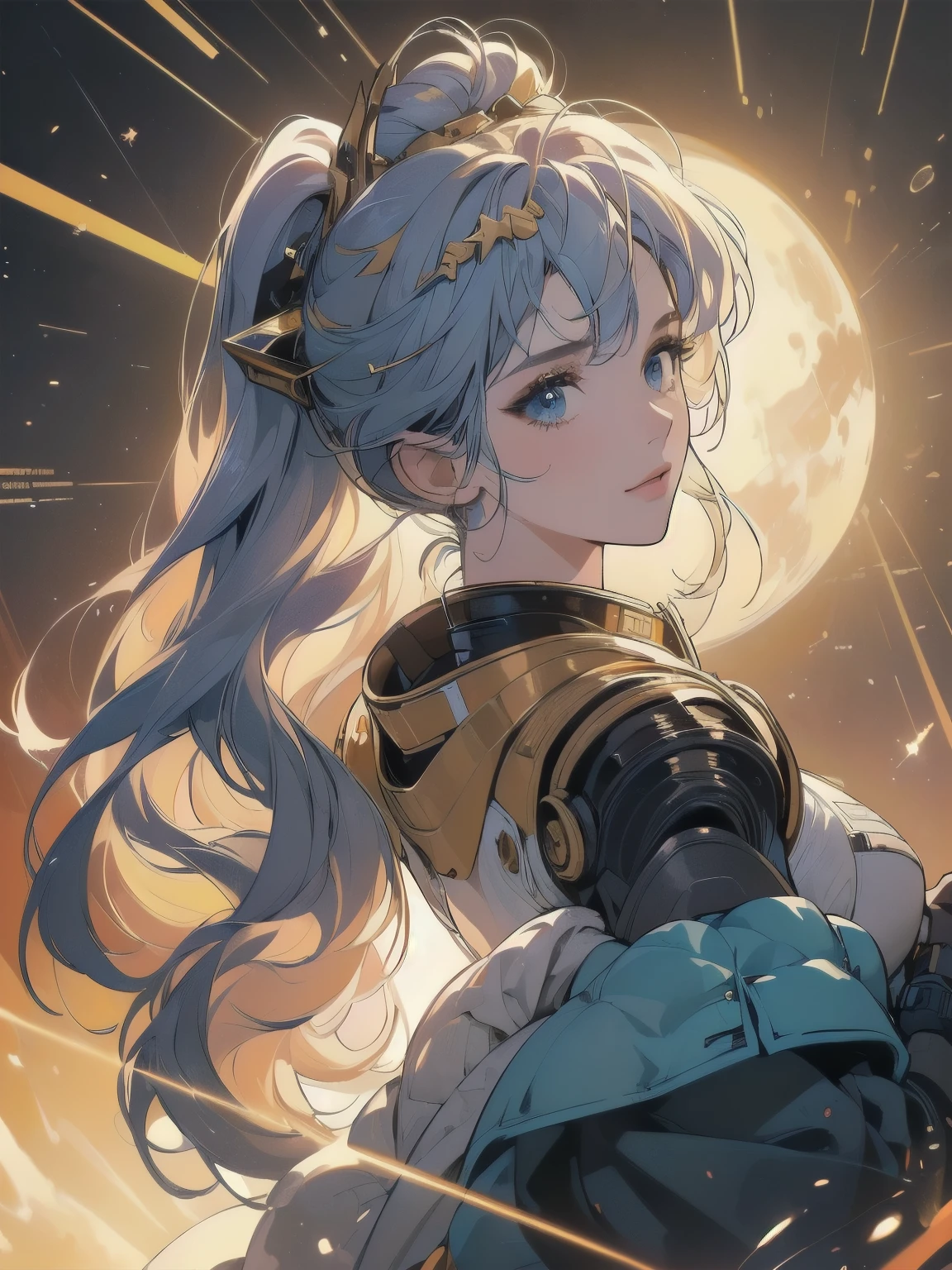 (((Masterpiece, top quality))), (((32K wallpaper))), ultra high resolution, (((close-up))), gorgeous light leak, (((backlit))), highly detailed background, One beautiful woman, inside a spaceship, perfect machine, spacesuit, perfect face, outer space, witchboard, perfect and detailed machine, detailed hair, (((Various angles))), cockpit, upper body shot, head shot , top quality, (((Various unique hairstyles))) Long shot, panorama,(((Various hair color))), Outer space in the background, Pale Lighting, shoot from above, (((Ultra-detailed golden futuristic hair ornament)))、(((カメラを見る)))