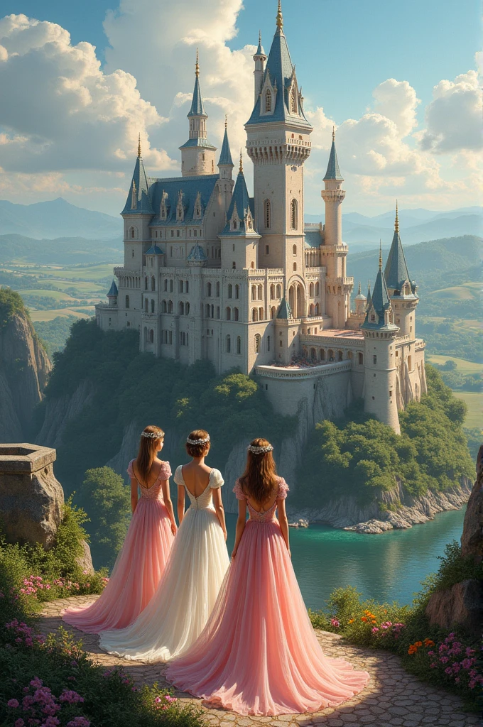 Image of a beautiful Castle and beautiful princesses several