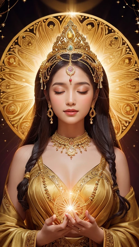 Depict a majestic goddess statue. The goddess is adorned in golden ornaments and is holding divine light in her hands. Her expression is serene and full of compassion, with intricate jewels and decorations scattered throughout her hair and garments. Her eyes are not closed. The background is surrounded by mystical circular patterns and a halo of light, creating an overall atmosphere of mystique and sanctity.