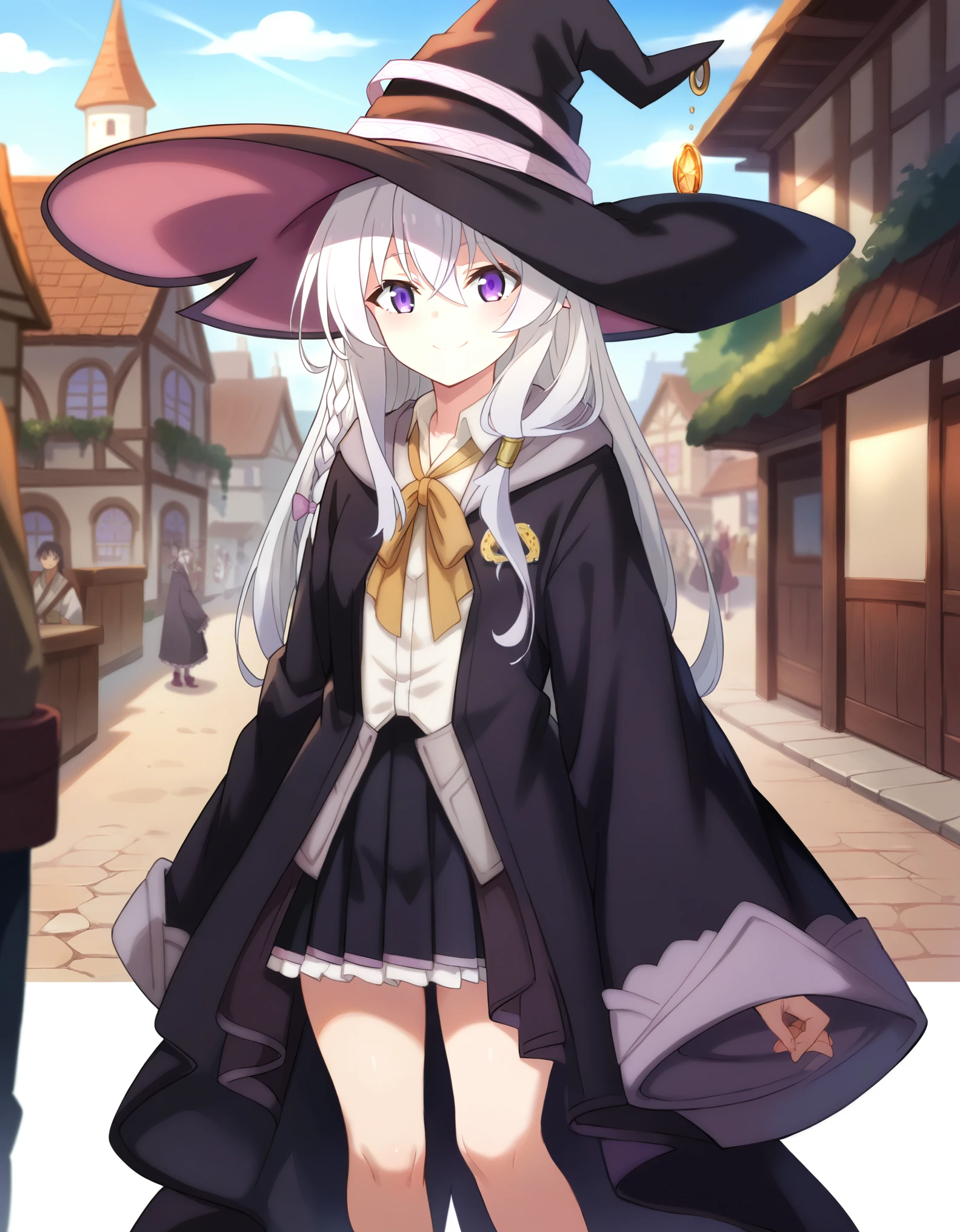 Masterpiece, hd, best quality, detailed, elaina \(majo no tabitabi\),purple eyes, grey hair, white hair, long hair,witch hat,collared shirt,robe,wide sleeves,pleated skirt,frilled skirt,pointy footwear, standing, outdoor, village, fullbody, smile, happy