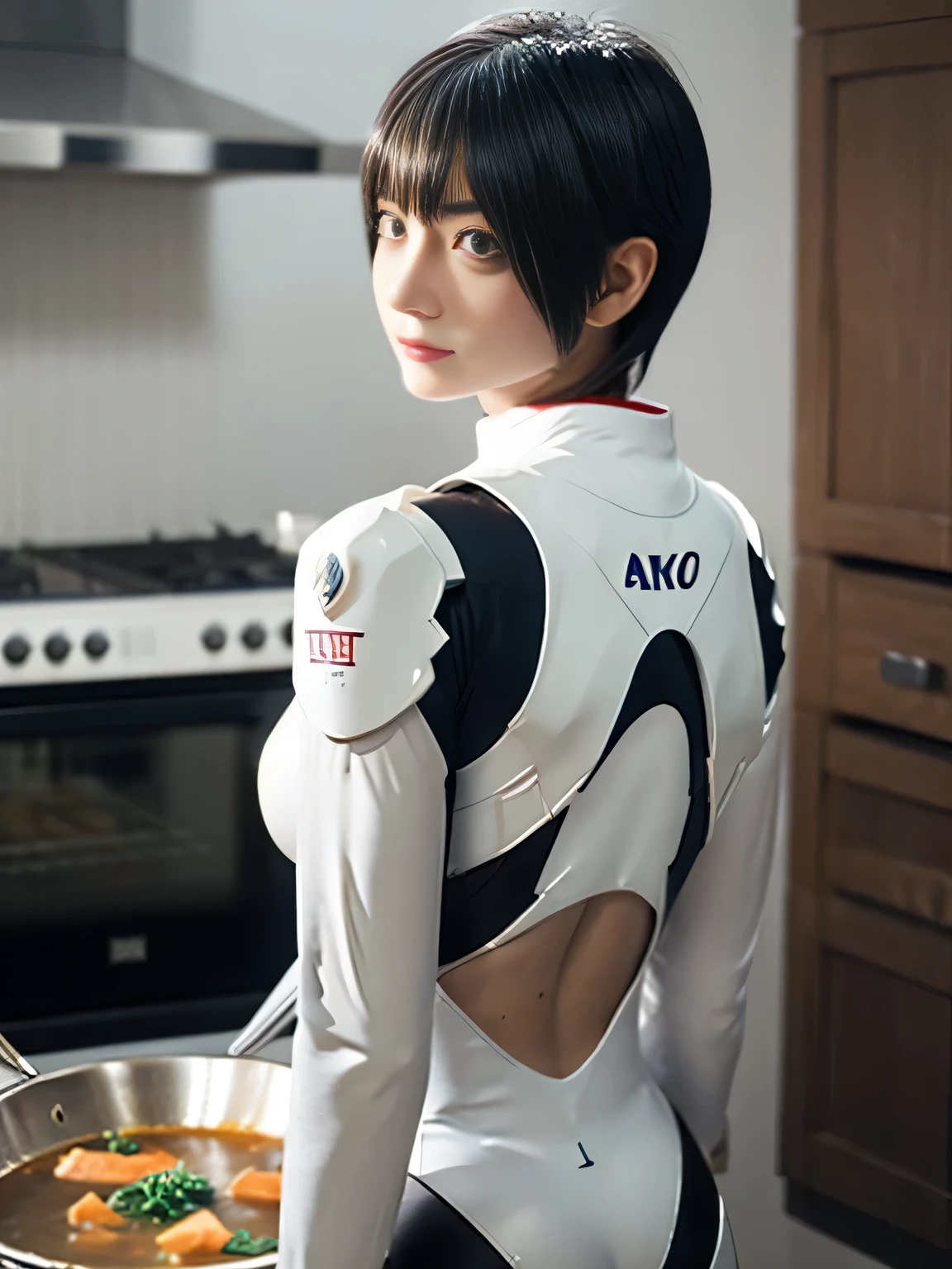 20 year old Japanese beauty,One person、Muscular body like a bodybuilder、Emphasize the breasts、Slit eyes、A head-to-toe view,Bust is very very large、The background is a medieval European kitchen、High quality photos、Clear, crisp images of the lower body、Masterpiece 8k、Ecstatic face、Stirring a pot of stew on the stove、From the side, from behind, the same color々from what camera angle to shoot、Ayanami Rei's plug suit from Evangelion