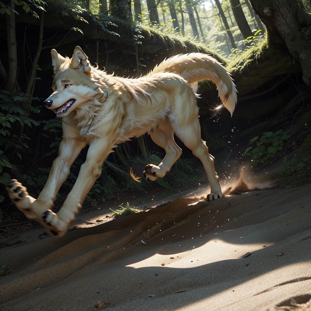 A yellow wolf boy, with a white chest, running through the forest.