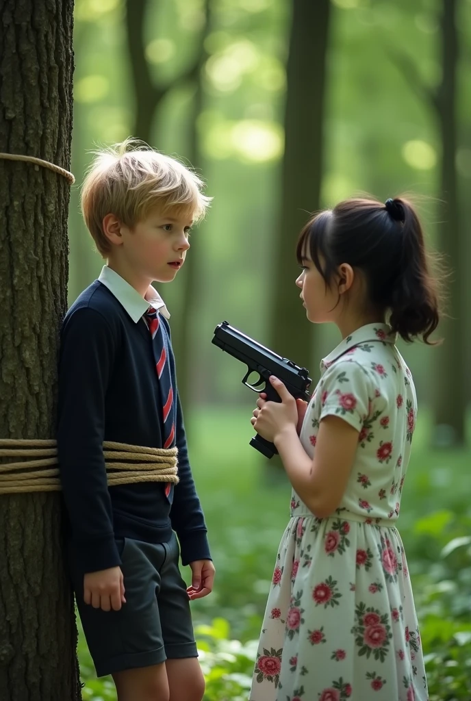 blonde boy , blue eyes, white skin tied to a tree in the forest , schoolar uniform , has a young girl with black hair tied up , Caucasian skin , white dress with flower pattern and she is in front of him with a gun
