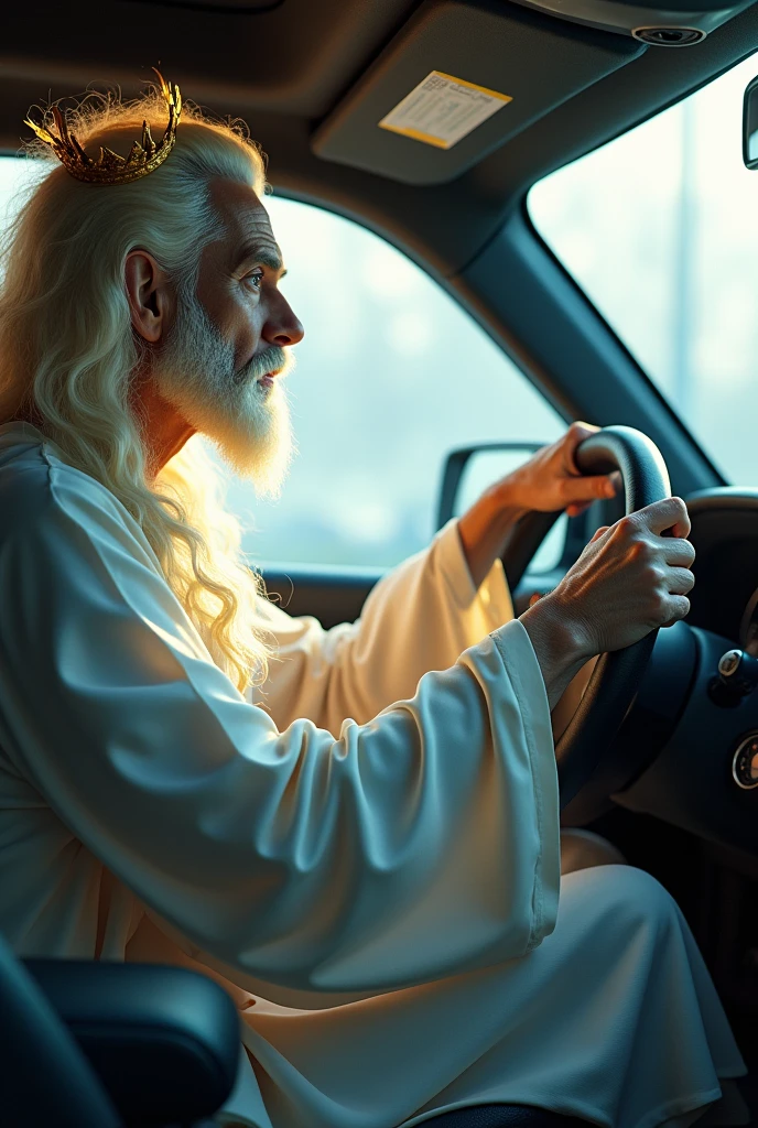 God driving, holding the steering wheel, side view