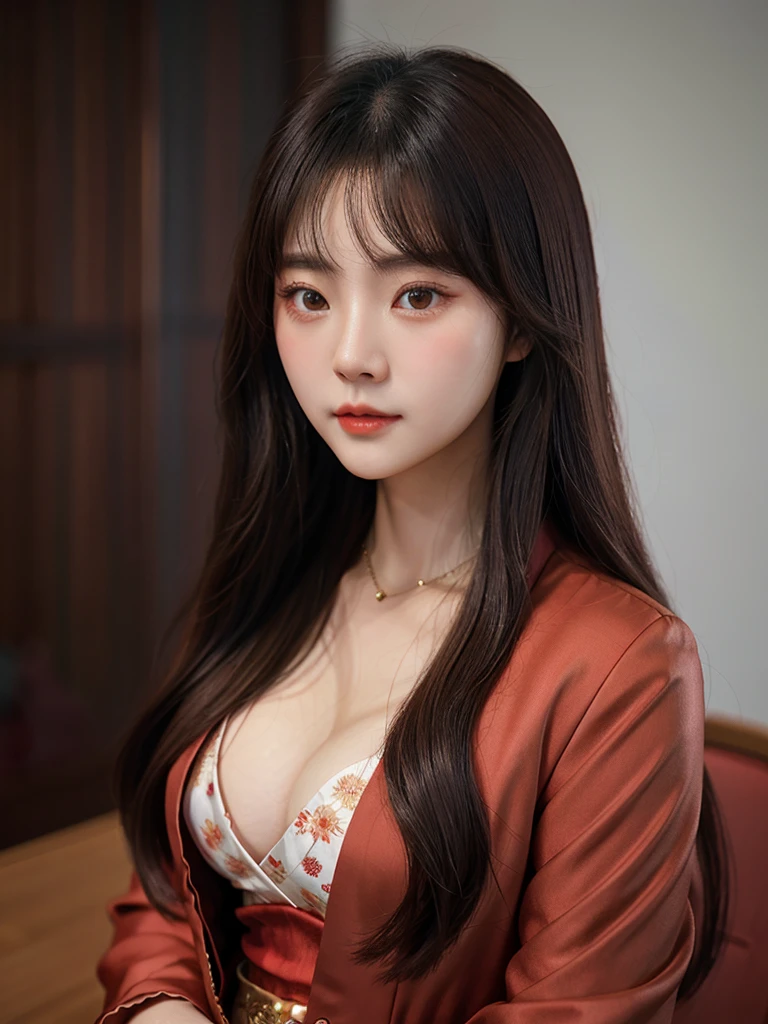 a close up of a woman with a red dress and a brown jacket, artwork in the style of guweiz, guweiz, realistic. cheng yi, inspired by Qiu Ying, inspired by Gu An, inspired by Lan Ying, inspired by Tang Yifen, inspired by Wang Meng, south east asian with round face, beautiful render of tang dynasty