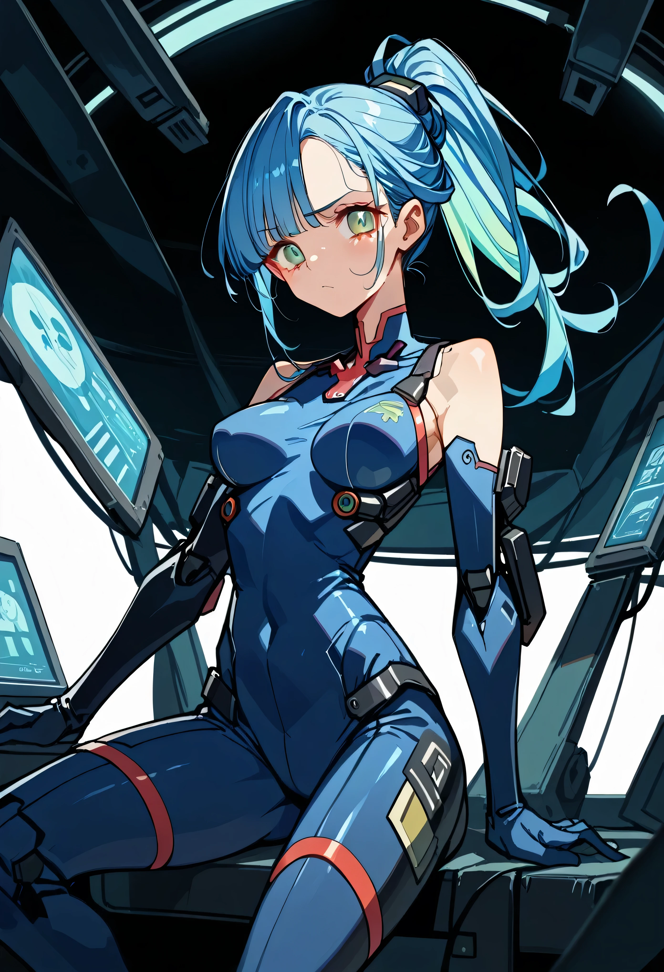 ((Holographic glow effect))、gundamwingcockpit,Blue Hair、Masterpiece、Best Quality、1 person、Medium breast、((Album cover))、Light on Face、Slim Body、Shiny patent leather white and blue pilot suit、Elbow-length gloves、Long Hard Boots、Exoskeleton、metal Gear、Cyberpunk Style、ponytail、The Gundam pilot、attention arousal