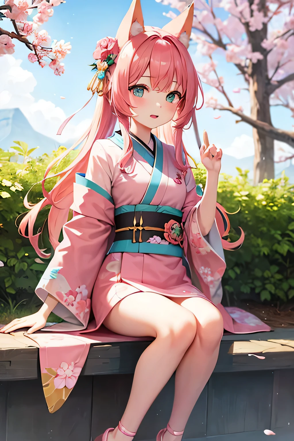 1 person,Girl,Pink Hair,Fox ears,semi-long,A pale blue kimono,a peach blossom motif,spring,cute,Turquoise Eyes,a teal round hair ornament