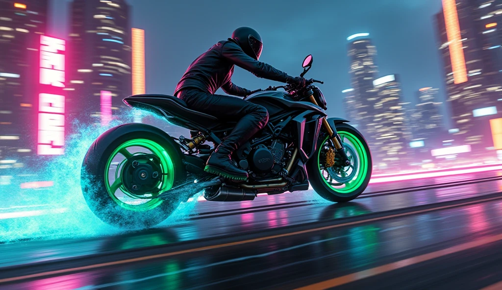A helmeted Zeus rider, clad in a sleek black leather jacket and pants, speeding down a neon-drenched, wet asphalt road on a futuristic, neon-green accented bike, leaving trails of vibrant blue and green light that swirl and curve behind them, as if electrified by their velocity, set against the gleaming, towering skyscrapers of a cyberpunk metropolis, bathed in a kaleidoscope of city lights, with hues of pink, purple, and orange, and a dark blue-purple night sky above, the bike's wheels and engine glowing with a soft, ethereal luminescence, conveying a sense of dynamic energy and thrilling velocity.