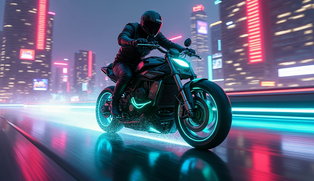 A helmeted Zeus rider, clad in a sleek black leather jacket and pants, speeding down a neon-drenched, wet asphalt road on a futuristic, neon-green accented bike, leaving trails of vibrant blue and green light that swirl and curve behind them, as if electrified by their velocity, set against the gleaming, towering skyscrapers of a cyberpunk metropolis, bathed in a kaleidoscope of city lights, with hues of pink, purple, and orange, and a dark blue-purple night sky above, the bike's wheels and engine glowing with a soft, ethereal luminescence, conveying a sense of dynamic energy and thrilling velocity.