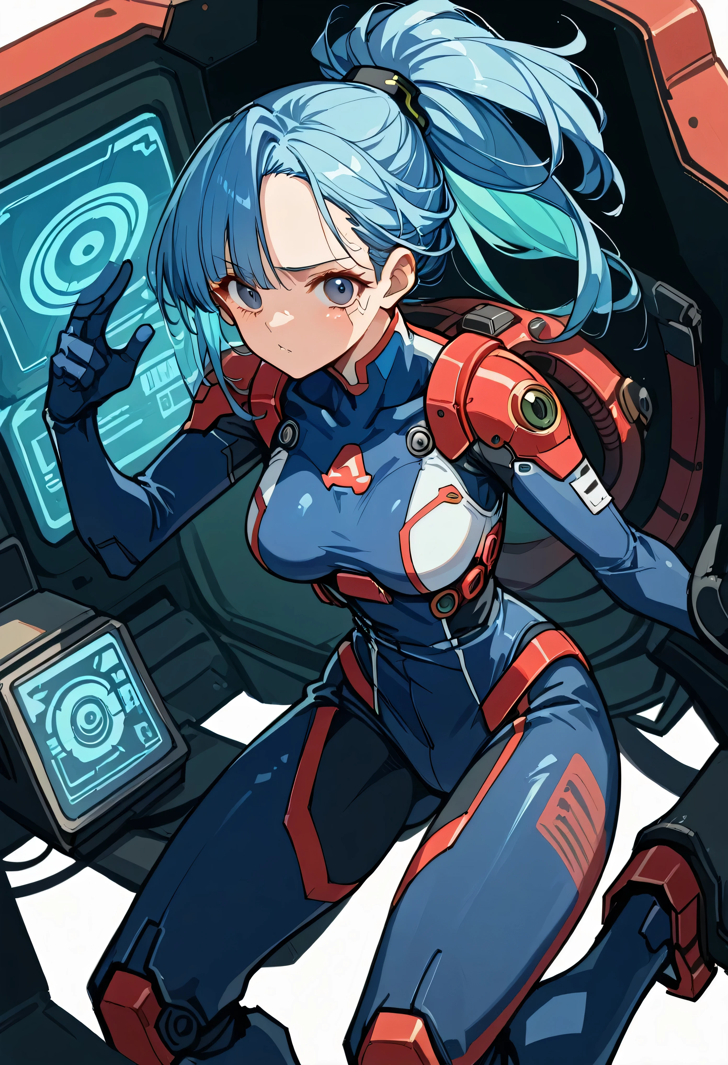 ((Holographic glow effect))、gundamwingcockpit,Blue Hair、Masterpiece、Best Quality、1 person、Medium breast、((Album cover))、Light on Face、Slim Body、Shiny patent leather white and blue pilot suit、Elbow-length gloves、Long Hard Boots、Exoskeleton、metal Gear、Cyberpunk Style、ponytail、The Gundam pilot、attention arousal