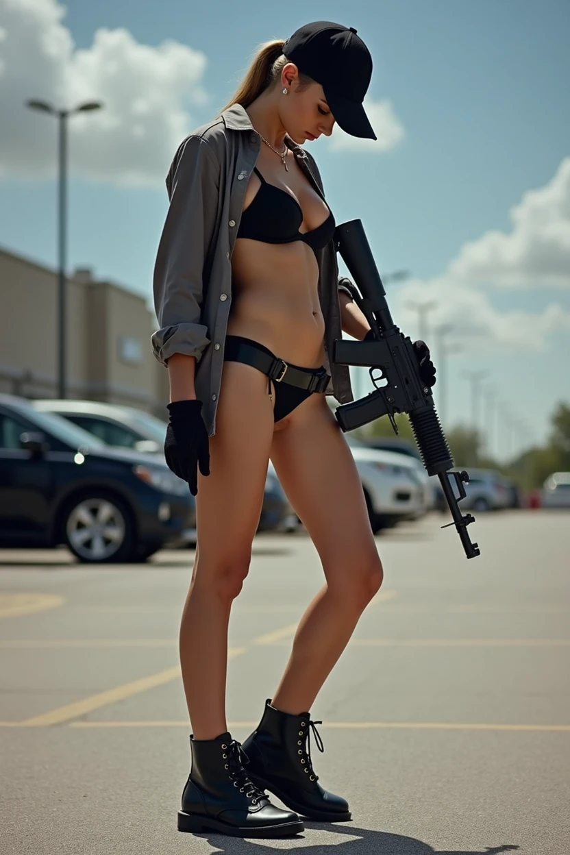 Female security personnel bent over in such a way that you can see her panties and the folds of the pump that are getting into her vagina and the top with a shirt and a very very thin bra which shows her nipples with a face of innocence and mischief at the same time. This is found in a parking lot in broad daylight also carrying a firearm and a black cap matching the safety shoes.
