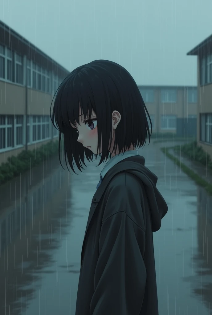 Girl under the sad rain at school 