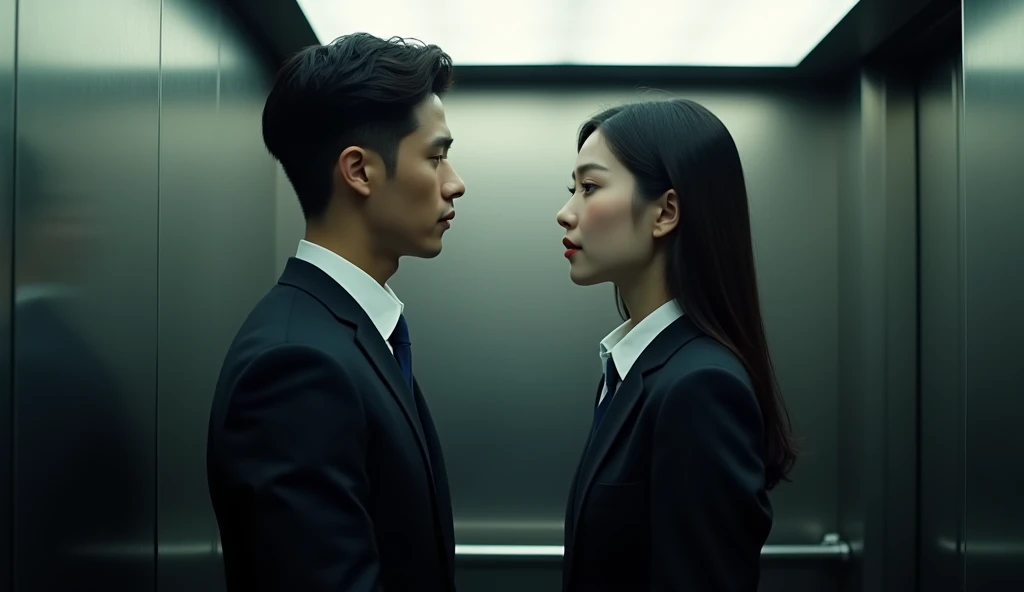 viewer looking over shoulder of the mman, to see a beautiful Korean girl standing, both wearing suits, standing in an elevator, talking, realistic lighting, cinematic style, realistic lighting, daylight, cold light,