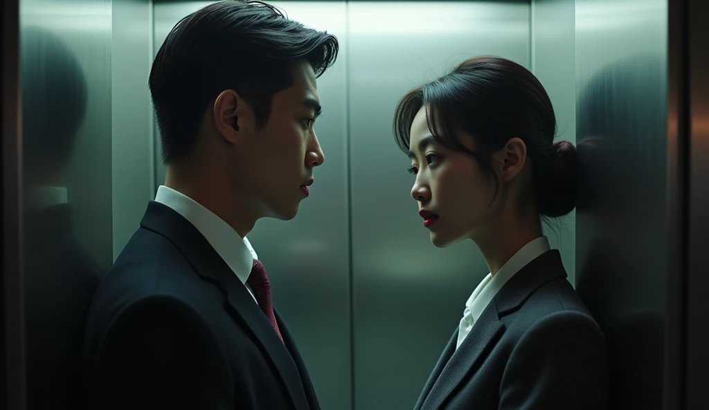 viewer looking over shoulder of the mman, to see a beautiful Korean girl standing, both wearing suits, standing in an elevator, talking, realistic lighting, cinematic style, realistic lighting, daylight, cold light,