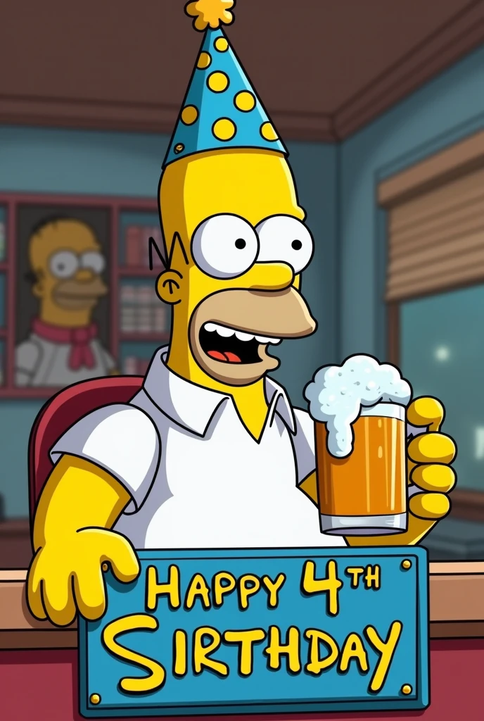 Give me a picture of Homer with a beer and a birthday hat and a sign that says Happy 44th Birthday 