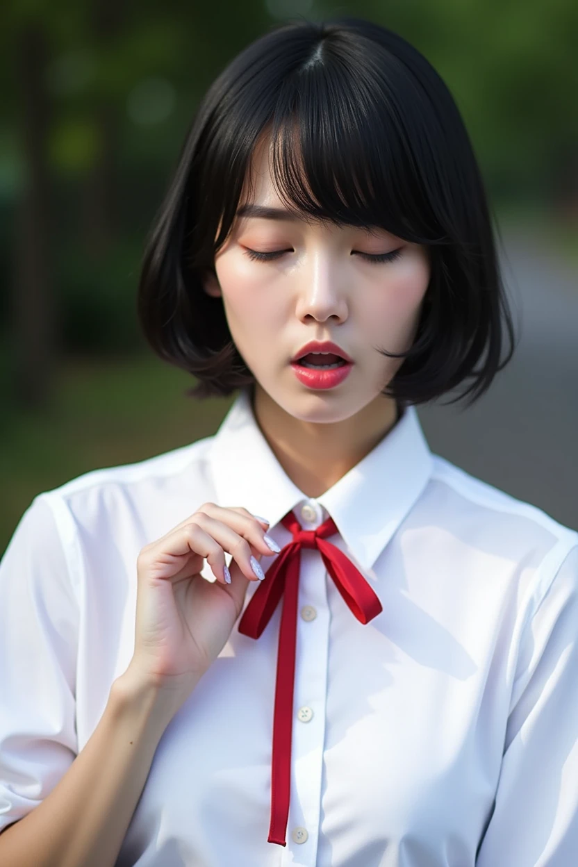 Highest quality,Japanese Idols, Short Bob Hair、bangs、Award-winning photo, Very detailed, Edge Orgasm, Face Focus, (Woman with open mouth and closed eyes ), Age 25、Black Hair、 News anchor、Glowing Skin,From below、Realistic nostrils、Browsing Caution,Shortcuts、Big Breasts、Vibrator prank in public, 公共の場でのBig Breasts女性, She leaned back., (She closed her eyes), she yawns, She wants you to stop using vibrators