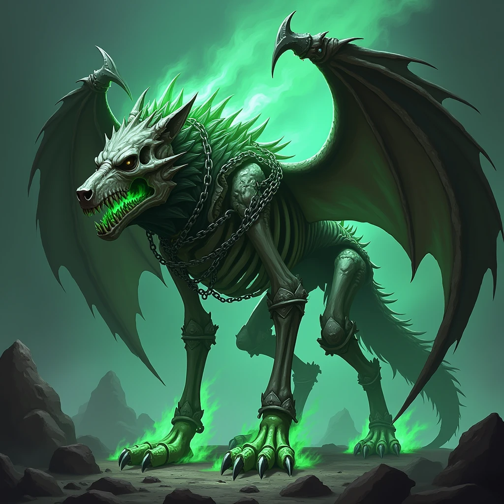 Skeletal wolf with dragon wings, covered in many chains, green fire, a bit large for a game. 