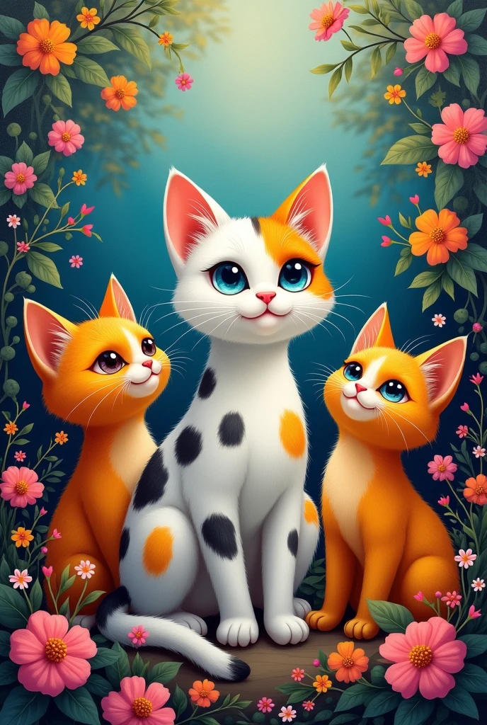 Make me a design to paint a picture, a white cat with black and orange spots, two orange cats and a white cat with blue eyes with flowers and vibrant colors
