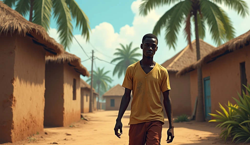 Narration: Assane, un jeune noir homme de 25 ans, vit dans un village béninois en proie à la pauvreté. Prompt: Un jeune homme noir, Assane, marchant dans un petit village africain au tours de lui des villageois, avec des maisons en terre battue et des palmiers en arrière-plan, une expression de désespoir sur son visage.