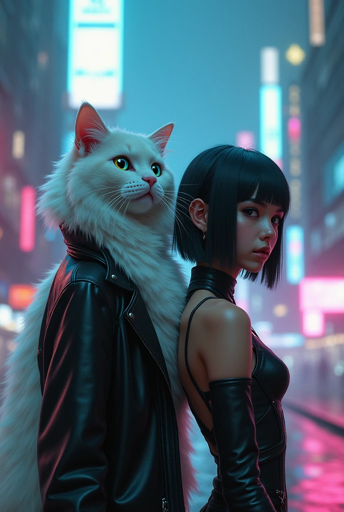create a cyberpunk style image of a white Persian cat with one blue eye and one green eye, next to a thin black-haired cyberpunk girl dressed in black.