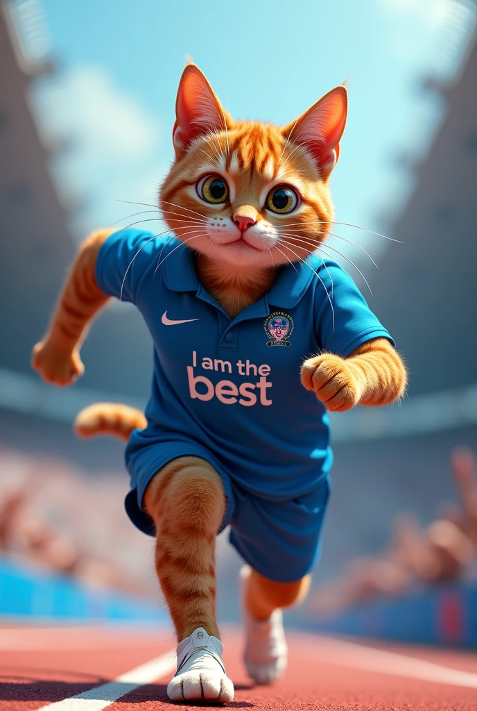 Believe me, an anthropomorphic cat shorts, running Olympic games, around spectators, 8k, high resolution, blue manga zero polo with text "I am the best" the cat is well detailed, cinematic, well-groomed hair, ultra-realistic.