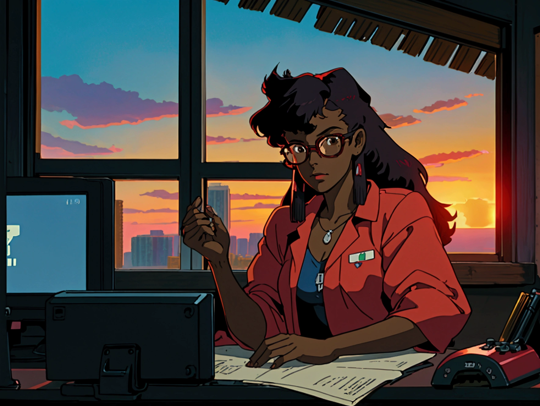 cowboy bebop, black female character, dark skinned, black girl, 30, long hair, brown eyes, blue light, wearing Ralph lauren, typing at a computer, red glasses, programmer, gamer, panoramic window view of miami, sunset, luxury decor