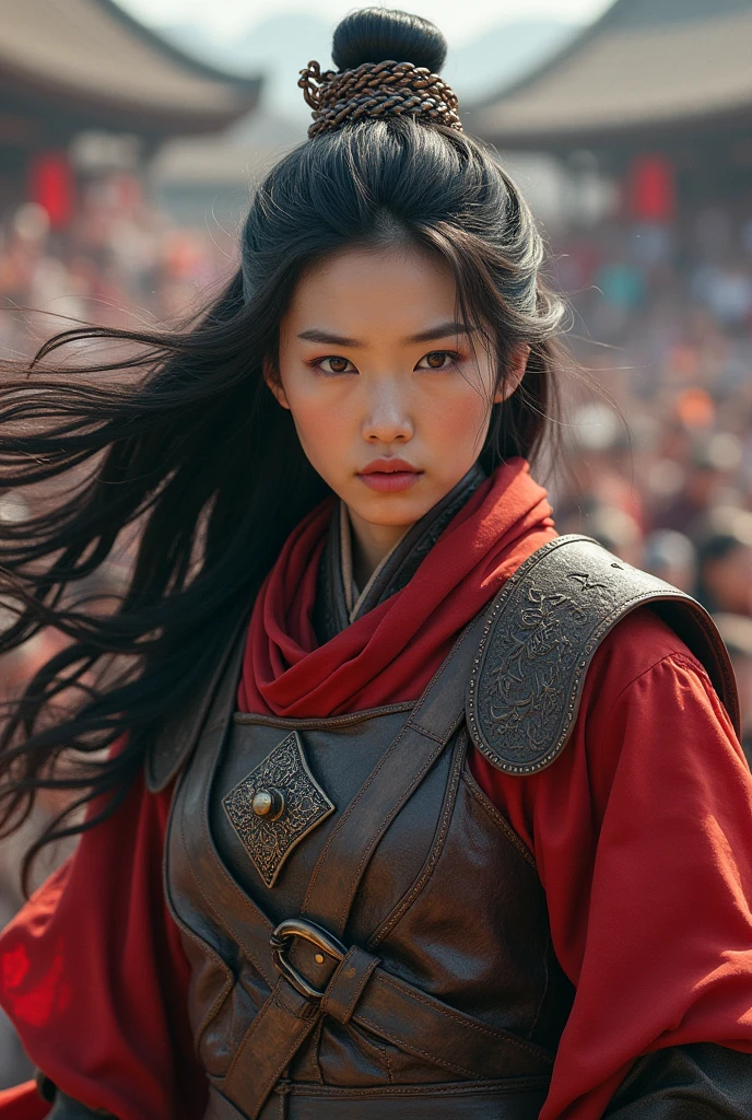 Korean woman in armor holding a sword and shield, long wavy black hair, portrait of a barbarian female, north female warrior, portrait of a woman warrior, rpg portrait concept art, (beautiful warrior, holding short sword and small shield, Wearing a red scarf, leather armor), (long black hair, brown eyes, white skin), (amphitheatre, Fighting while being watched by the crowd, motion blur), movie poster, 