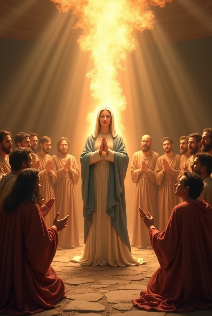 I would like a vertical image of Our Lady in the midst of the apostles praying at Pentecost as tongues of fire fall upon them.