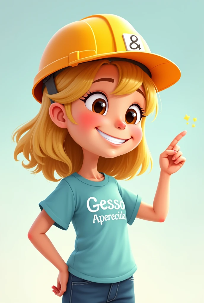 I want a pet that is a blonde girl with shoulder-length hair., eyes browns, chestless, blue blouse with "Gesso Aparecida" written in white, construction hat and pointing with her hands to something on her right