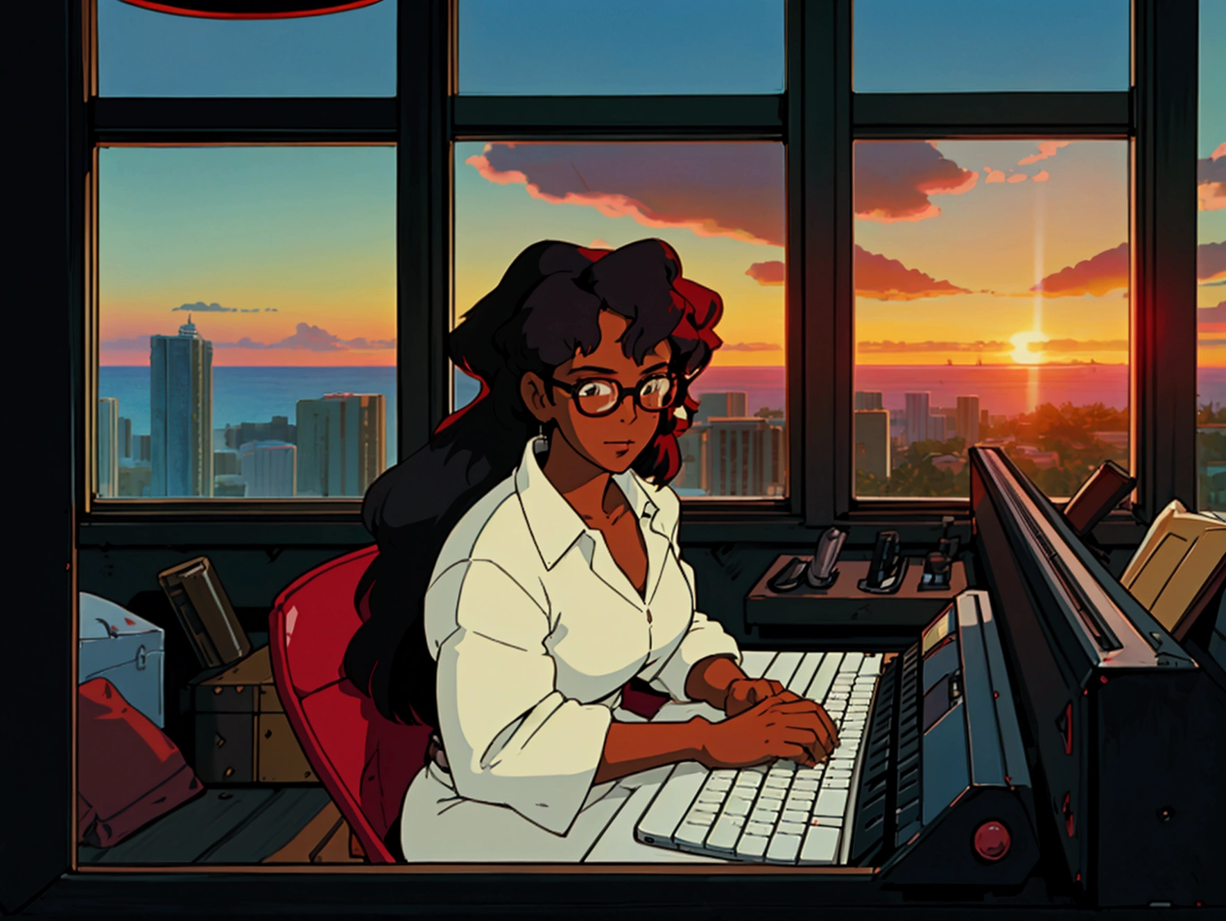 cowboy bebop, black female character, dark skinned, black girl, 30, long hair, brown eyes, blue light, wearing Ralph lauren, typing at a computer, red glasses, programmer, gamer, panoramic window view of miami, sunset, luxury decor