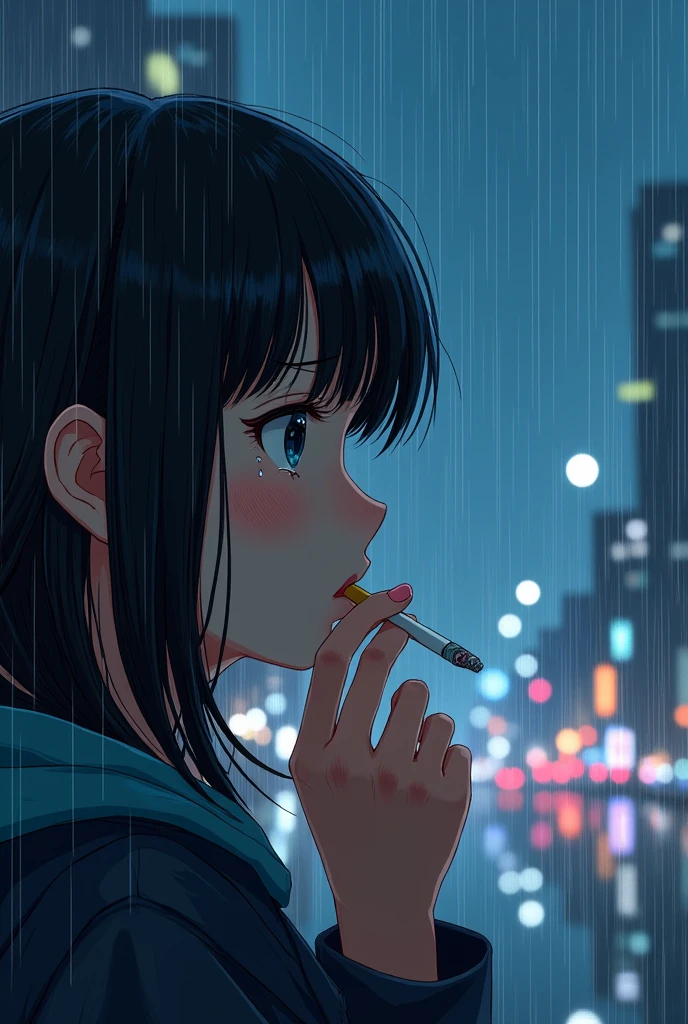 in anime style, Create an illustration, The background of the image is a large city in rainy weather with a girl smoking a cigarette while tears stream down her face., looking at the horizon thoughtfully.