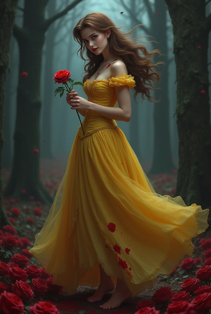 Beauty and the Beast,Princess Belle,Yandere,The skirt is torn,Tearing,looking down with a mischievous smile,Dark and spooky,yellow skirt,Brown hair,real,Holding a red rose in hand,Blood on the skirt,There are many clusters of dark red roses on the ground.