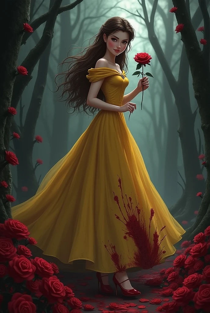 Beauty and the Beast,Princess Belle,Yandere,The skirt is torn,Tearing,looking down with a mischievous smile,Dark and spooky,yellow skirt,Brown hair,real,Holding a red rose in hand,Blood on the skirt,There are many clusters of dark red roses on the ground.