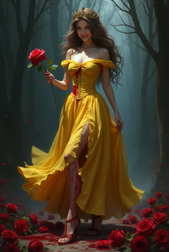 Beauty and the Beast,Princess Belle,Yandere,The skirt is torn,Tearing,looking down with a mischievous smile,Dark and spooky,yellow skirt,Brown hair,real,Holding a red rose in hand,Blood on the skirt,There are many clusters of dark red roses on the ground.