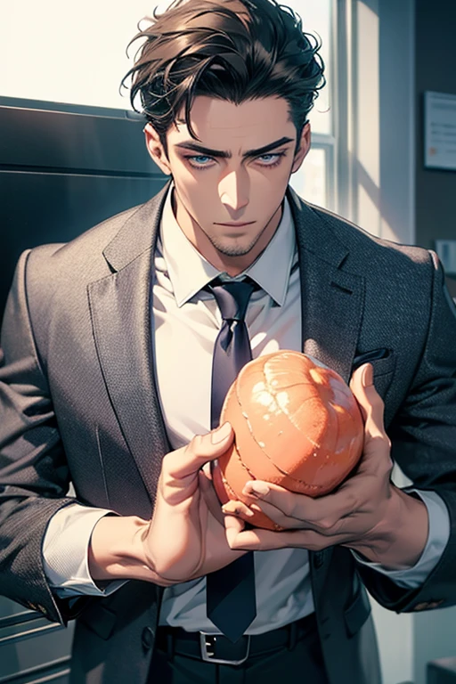 (Best Quality,4k,8k,high resolution,Masterpiece:1.2),ultra detailed,(realist,photorealist,photo-realist:1.37),1 man,31 years,mature man,very handsome,without expresion,muscled body,short gray black hair,Blue eyes,glare,perfect face without mistakes,imposing posture,businessman,office background,cinematic lighting,imagen HDR