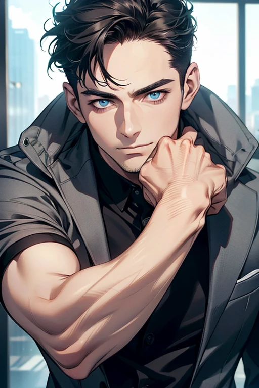 (Best Quality,4k,8k,high resolution,Masterpiece:1.2),ultra detailed,(realist,photorealist,photo-realist:1.37),1 man,31 years,mature man,very handsome,without expresion,muscled body,short gray black hair,Blue eyes,glare,perfect face without mistakes,imposing posture,businessman,office background,cinematic lighting,imagen HDR