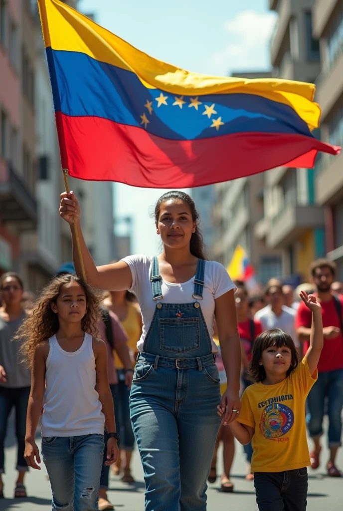 Woman with the Venezuelan flag in the street protesting for freedom alongside her children 