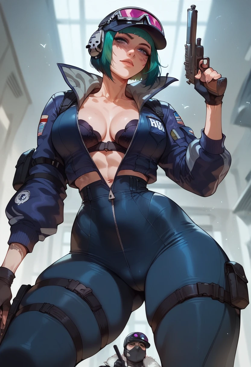 anime, score_9, score_8_up, score_7_up, score_6_up, low angle, score_9. score_8_up, score_7_up, score_6_up, score_5_up, score_4_up, Ela, ela elite \(Rainbow Six Siege\),ela, ela \(Rainbow Six Siege\ HD, perfect masterpiece,score_9, score_8_up, score_8, 1girl, 1male, beautiful face, unzipped tight leather suit, cleavage, museum, night time, dark, big breasts, big hips, slim waist, hourglass figure, big ass, sexy body, sexy face, holding guns, sneaking in,