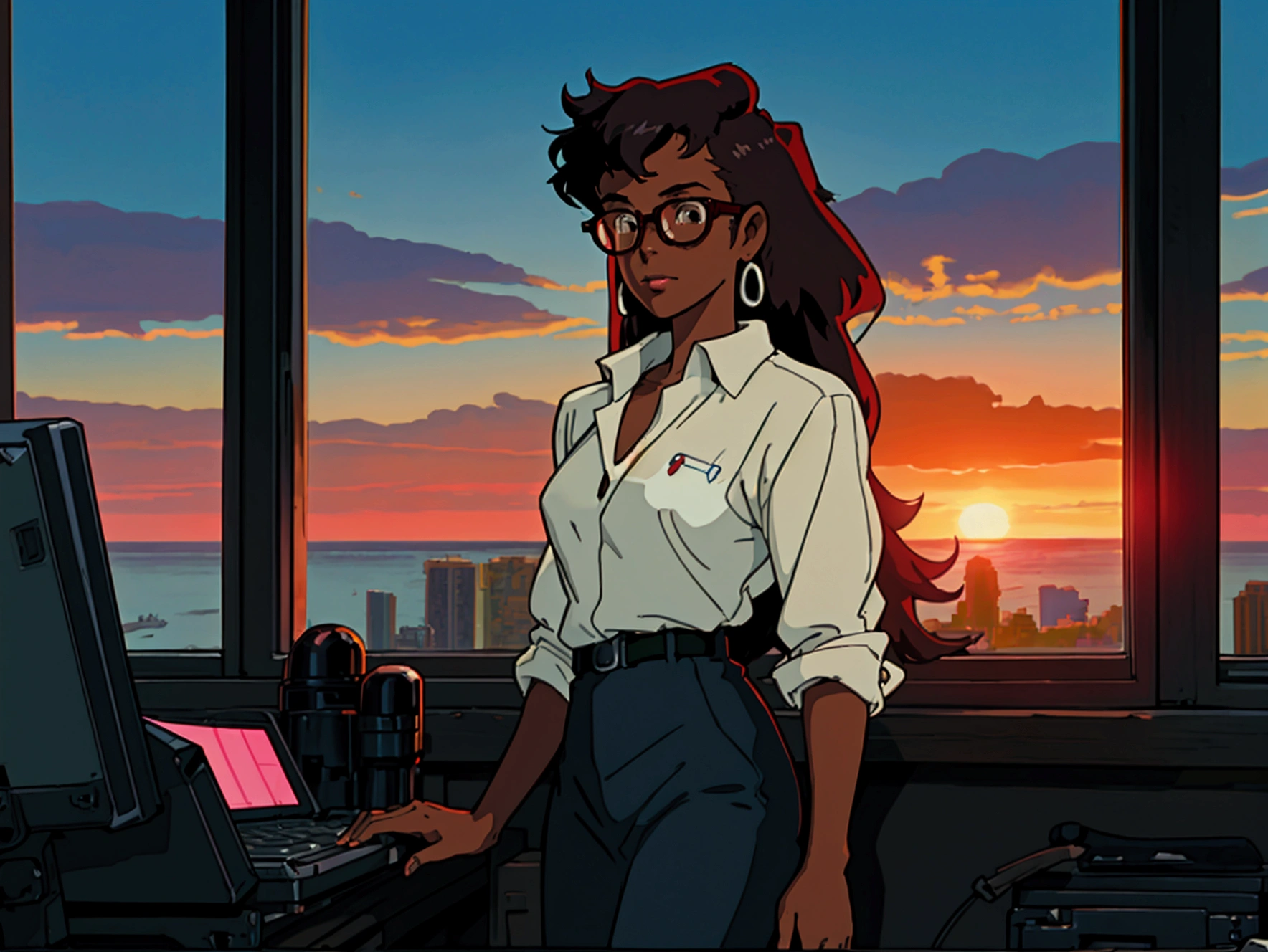 cowboy bebop, black female character, dark skinned, black girl, 30, long hair, brown eyes, blue light, wearing Ralph lauren, typing at a computer, red glasses, programmer, gamer, panoramic window view of miami, sunset, luxury decor, --ar 16:9 --v 6 --style raw